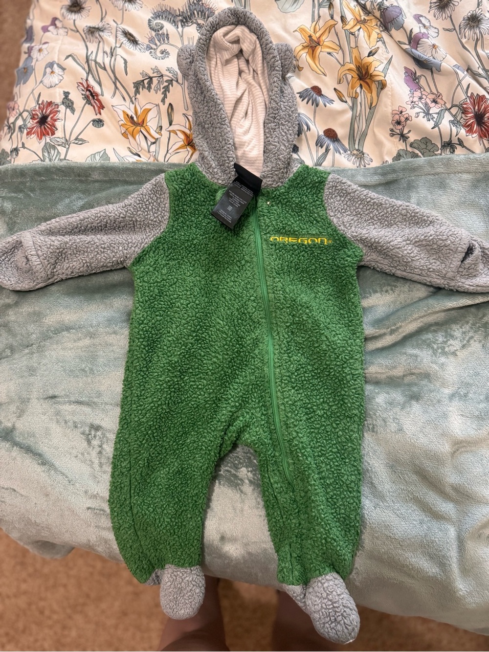 Green & Gray Sherpa Baby One-Piece Hoodie Oregon Ducks